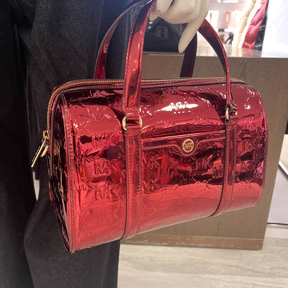 MICHAEL KORS Jet Set Medium Metallic Logo Debossed Satchel
Cherry 
NWT - Picture 13 of 15